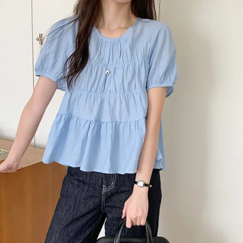 S~XL사이즈 여성 여리 러블리 퍼프 셔링 주름 밴딩 반팔 블라우스 빅사이즈 하객룩