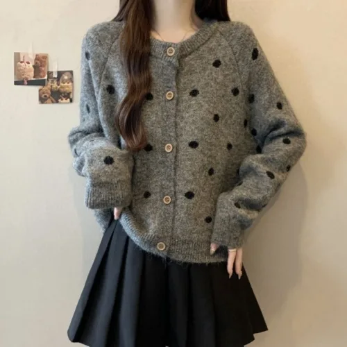 SAHINER 여성 니트 도트 가디건 루즈핏 라운드 가을겨울 데일리 BWY99