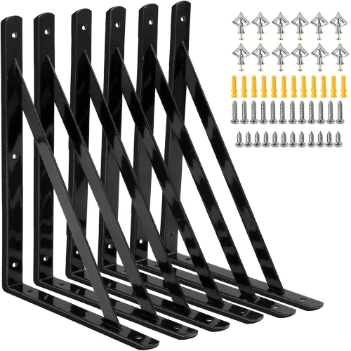 헤비듀티 L자형 벽 선반 브라켓 블랙 메탈 6개 세트 300x190mm