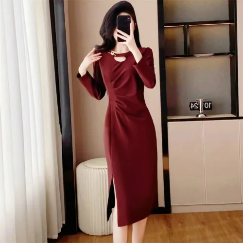Vzela 여성 가을 롱원피스 고급 슬림핏 슬릿 이브닝 긴팔 드레스 워크샵 하객룩