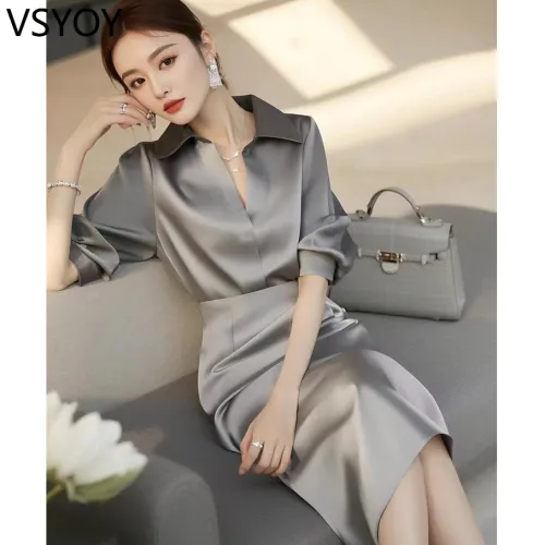 vsyoy 봄은 우아한 고급 고급 고급 느낌의 세트를 입고 물 빛 아세트산 새틴 회색 셔츠 원피스 세트 여성