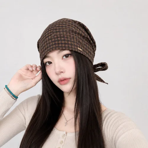 VITALO 빈티지 체크 리본 스카프 비니 반다나 헤어캡 헤어두건