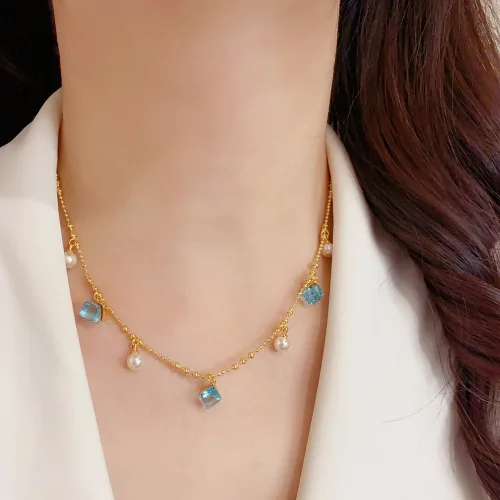 여성 패션 블루 스퀘어 큐빅 목걸이 - 두꺼운 14K 금도금