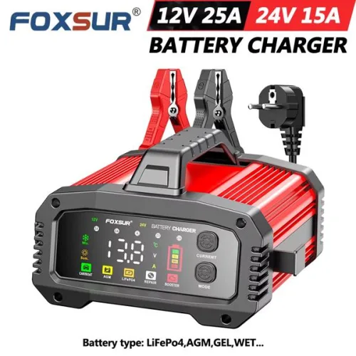 12V 24V FOXSUR FPT-250 자동차 배터리 충전기 자동차 오토바이 트럭용 고출력 부스터 펄스 복구 기능 납산 AGM LiFePo4 배터리용