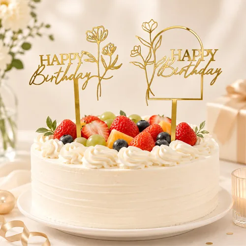 브헤오떼 클래식 아크릴 생일 케이크 토퍼 2P 플라워레터링+아치플라워, 2개, 골드