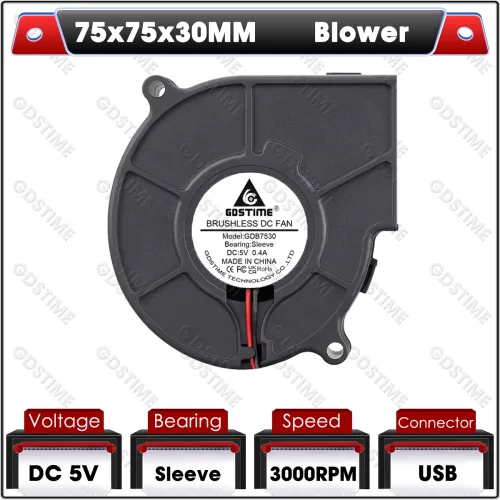 Gdstime 7530 라디얼 팬 DC 5V 12V 블로워 7cm 듀얼 볼 원심 USB 플로우 쿨러 에어 미니