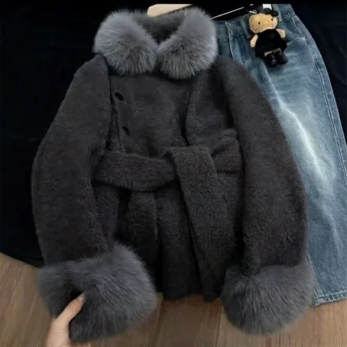 COSYEVNO 여성 모직코트 캐주얼 루즈핏 캐주얼 단색 퍼 칼라 디자인 패션 겨울 아우터