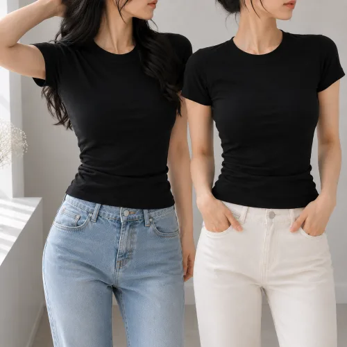 셀러크루 여성 슬림핏 반팔티 스판 라운드넥 기본 티셔츠 1+1
