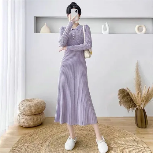 HAREN 여성 니트 롱 원피스 플리츠 카라넥 레트로 슬림핏 봄 가을 데일리 스타일