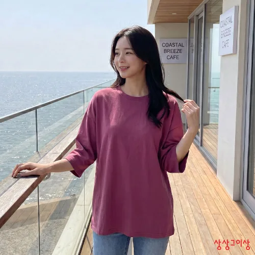 상상그이상 여성용 국내제작 박스 7부 부드러운 슬라브원단 루즈핏 라운드넥 무지 티셔츠 레이어드 이너티