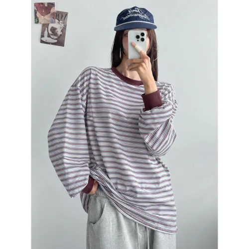 러비네 ~77Size 여성 단가라 티셔츠 오버핏 국내제작 라운드넥 줄무늬 스트라이프 박스티