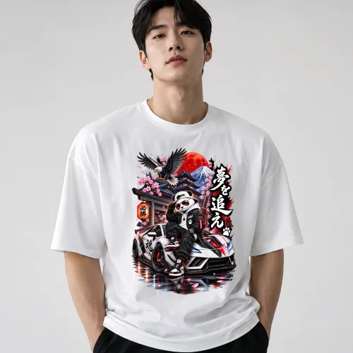 일본풍 힙합 판다 스포츠카 후지산 벚꽃 독수리 레이싱 네온 아트 스트리트 그래픽 남녀공용 오버핏 라운드넥 반팔 티셔츠