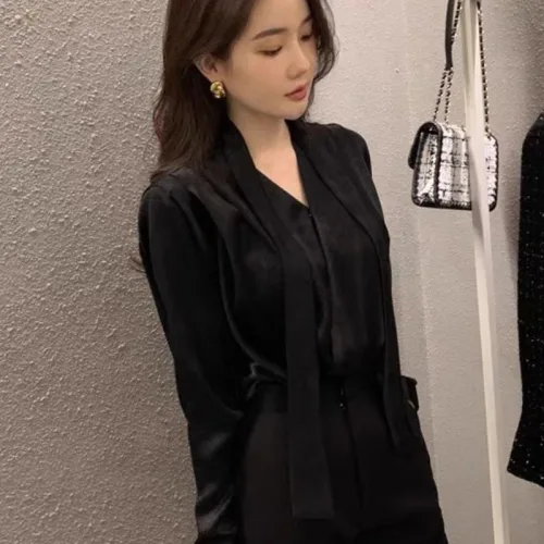 여성 타이 브이넥 블라우스 새틴 남방 오피스룩 빅사이즈 셔츠 링클프리 링클프리 새틴 빅사이즈
