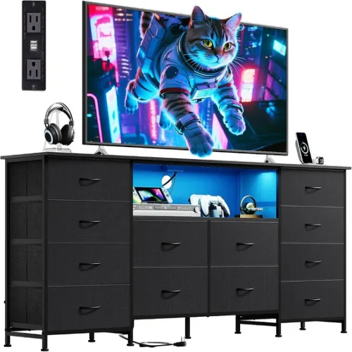 침실용 WLIVE 12 서랍장 65 70 75인치 TV용 블랙 LED 조명 및 충전 스테이션 열린 선반이 있는 넓은 옷장용 패브릭 거실용
