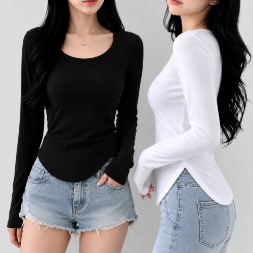 쁘띠엘라 글램핏 크롭 티셔츠 옆트임 기본 얇은 긴팔티 2장 세트