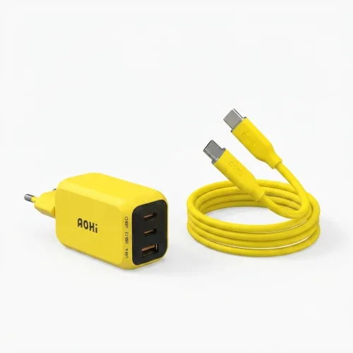 AOHi GaN 65W PD 3포트 초고속 멀티충전기+140W CtoC 초고속 케이블 세트, 1개, 옐로우