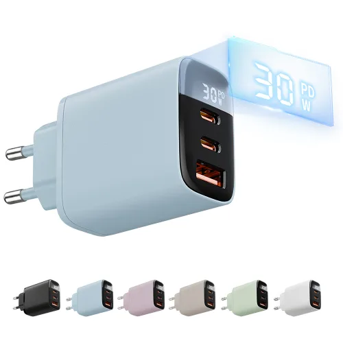 RISUKAI 일본 브랜드 30W GaN PD USB-C 3포트 출력 디스플레이 초고속 멀티충전기 아이폰 갤럭시 스마트폰 태블릿 휴대용 C타입 어댑터, 블루 포그, 1개