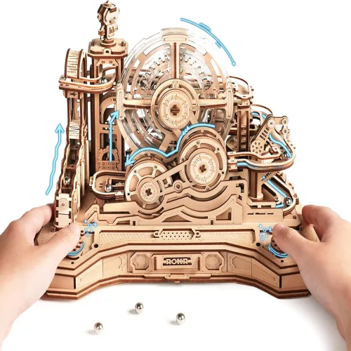 ROKR 3D 나무 퍼즐 미니어처 마블 런 빌딩 장난감, DIY 핀볼 머신 모델 키트-기어 볼 챌린지 EGC01