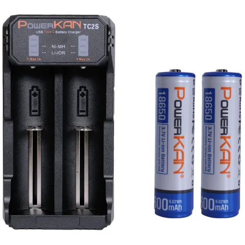 POWERKAN 2A 고속충전기+충전지세트 TC2S 18650 2600mAh 2개 리튬이온, 1세트, 2개입