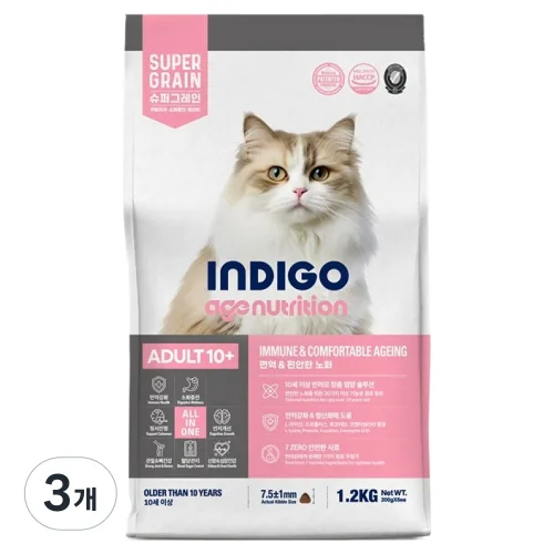 인디고 어덜트 10 플러스 에이지뉴트리션 포 캣 건식사료, 가수분해 연어, 1.2kg, 3개