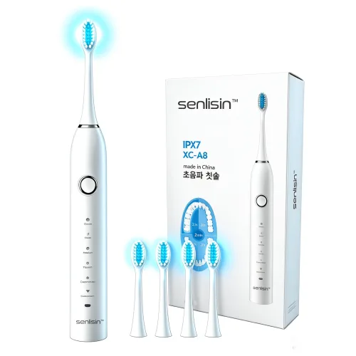 Senlisin XC-A8 음파전동칫솔 치아미백 6가지 진동모드 IPX7 완전방수 Type-C 충전식 성인용 전동칫솔 부드러운 듀폰칫솔모, 1박스, 화이트, ZD-A8