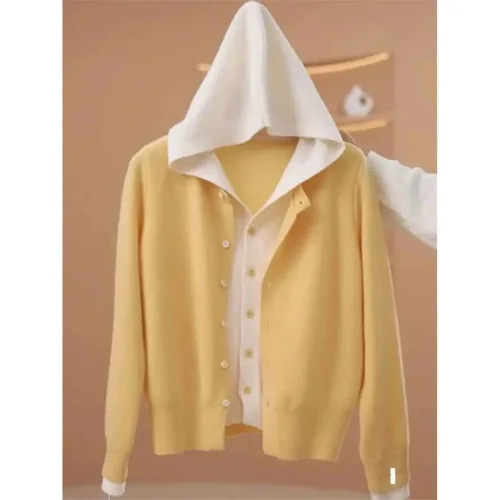 쁘띠꼬모 여성 배색 후드 니트 가디건 데일리룩 슬림핏 GX591739