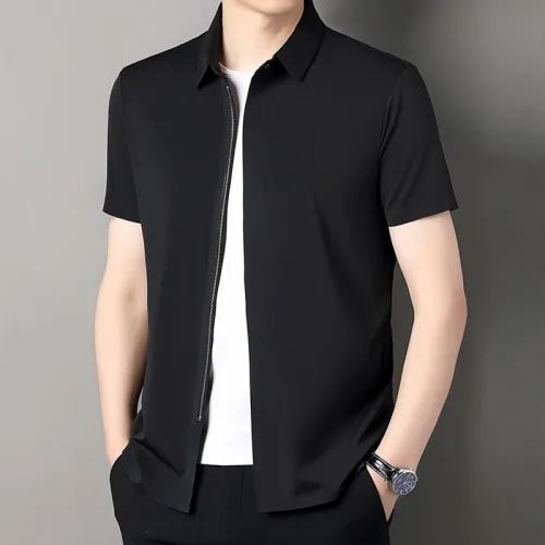 남성용 반소매 셔츠 신형 지퍼 무표식 다림질 옷깃 반소매 셔츠 중년 · 청남상 정상