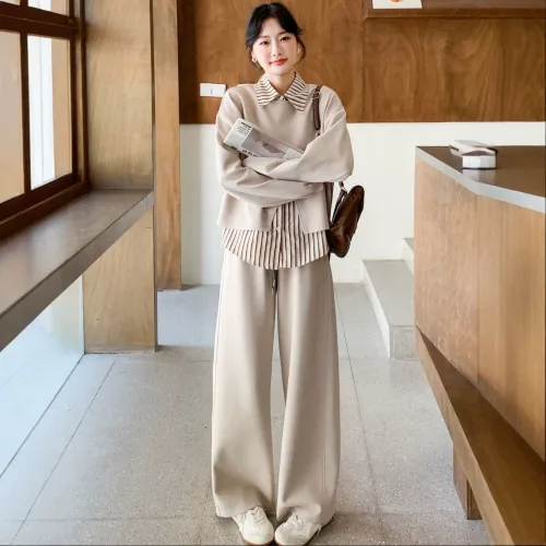 CHENZE 가을 체형커버 빅사이즈 쓰리피스 스트라이프셔츠 여성트레이닝세트