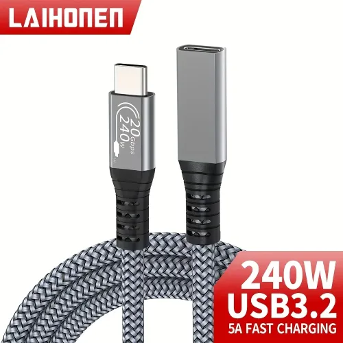 USB C 연장 케이블 10피트 240W 충전 20Gbps 데이터 4K 비디오 3.2 Type 휴대폰 등