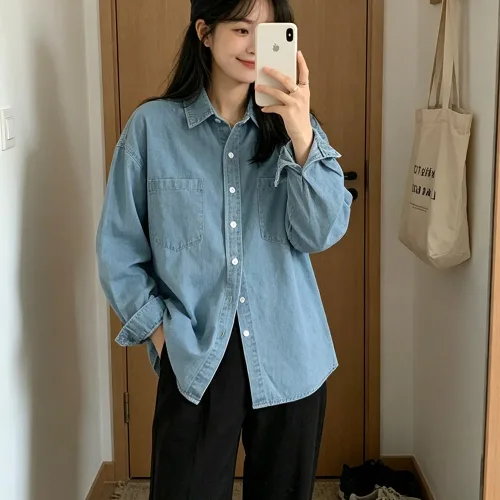 KDNC 여성 루즈핏 긴팔 데님 셔츠 워싱 청남방
