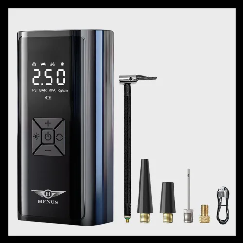 헤누스 타이어에어 휴대용 타이어 공기압 주입기 무선 올인원 공기 주입기 6000mAH, 블랙, 1개