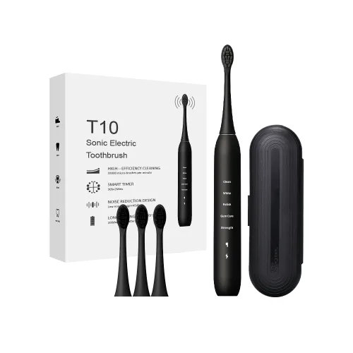 Plexigo T10 음파 전동칫솔 칫솔모 4개 포함 여행용 케이스 4가지 모드 3단계 강도 조절 12가지 맞춤 케어, 1개, 블랙, T10
