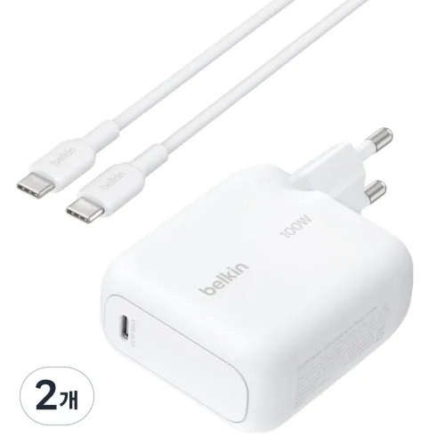 벨킨 부스트차지 100W USB-C PD3.2 AVS GaN PPS UFCS 초고속 충전기 WCH025kr1.5WHB6, 화이트, 2개