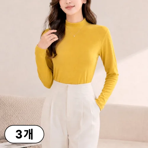 1+1+1(3종세트)스타일아유 가을 겨울 슬림 융단 따뜻한 무지 티셔츠 여성 하이넥 반폴라 이너 상의 긴팔티 TS2209