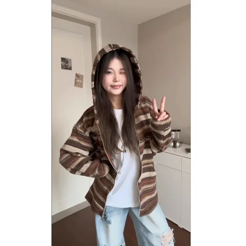 신상 여성 집업 맨투맨 자켓 오버핏 미국식 레트로 스트라이프 배색 크롭 진회색 브라운 캐주얼 커플룩 임산부 가을 데일리 아우터