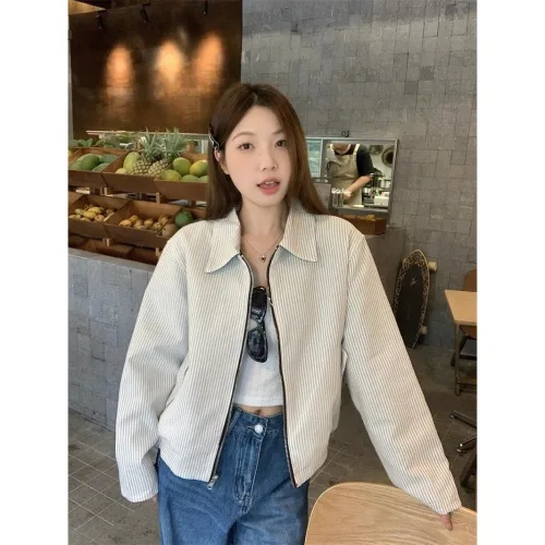 봄 가을 여성 숏 재킷 빅사이즈 루즈핏 터틀넥 스트라이프 코트 여자 쇼트 자켓 YHY
